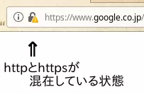 URLバーにhttp通信とhttps通信が混在していることを示すアイコンが表示されている。